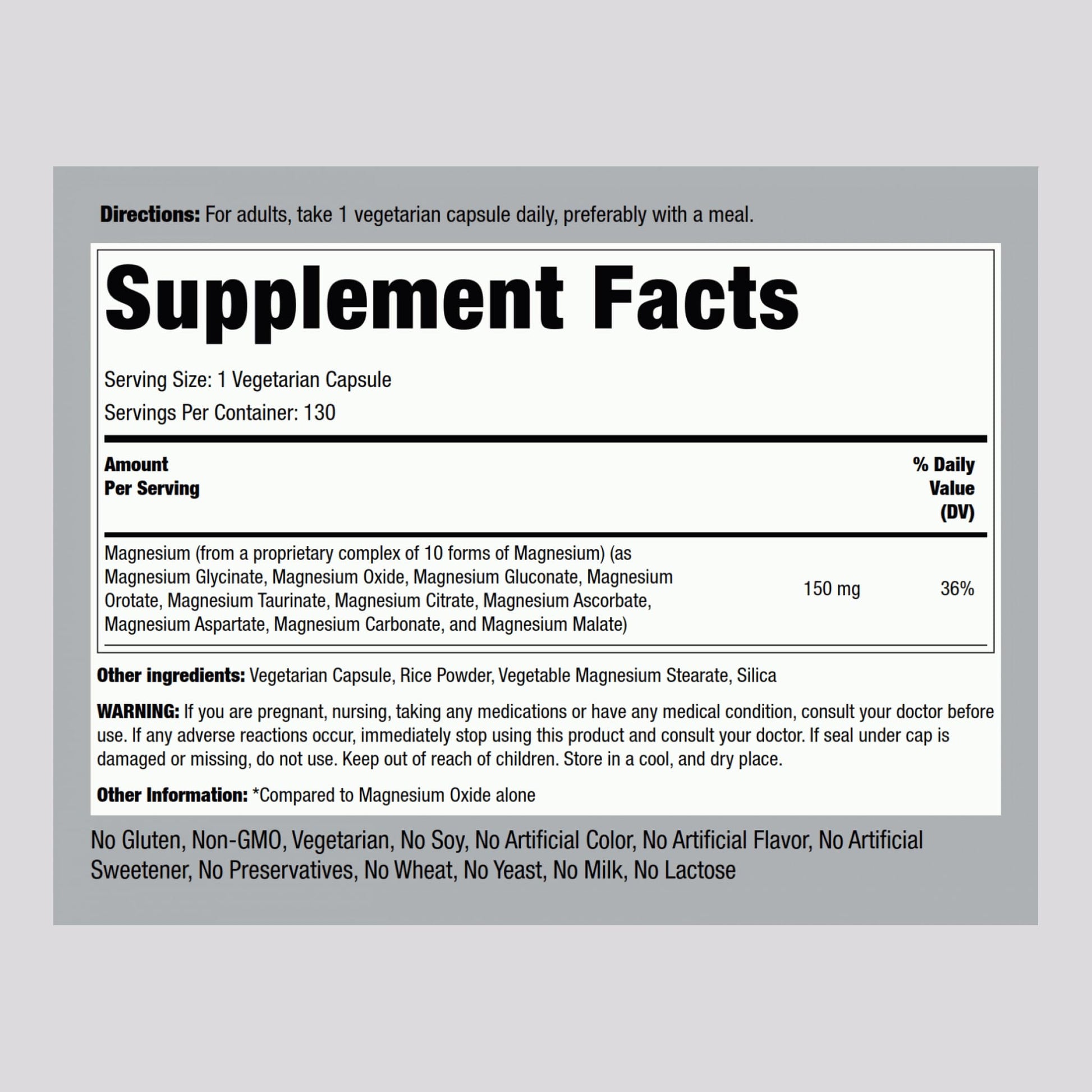 Piping Rock Magnesium 10 in One Complex | 130 Capsules | Supplement for Men and Women | Vegetarian, Non-GMO, Gluten Free - dailyvitalstore