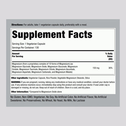Piping Rock Magnesium 10 in One Complex | 130 Capsules | Supplement for Men and Women | Vegetarian, Non-GMO, Gluten Free - dailyvitalstore