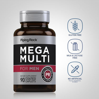 Piping Rock Men's Multivitamin | 90 Caplets | Mega Vitamin and Mineral Complex | Daily Support Supplement | with Vitamin C, D, Magnesium, Zinc | Non-GMO, Gluten Free - dailyvitalstore
