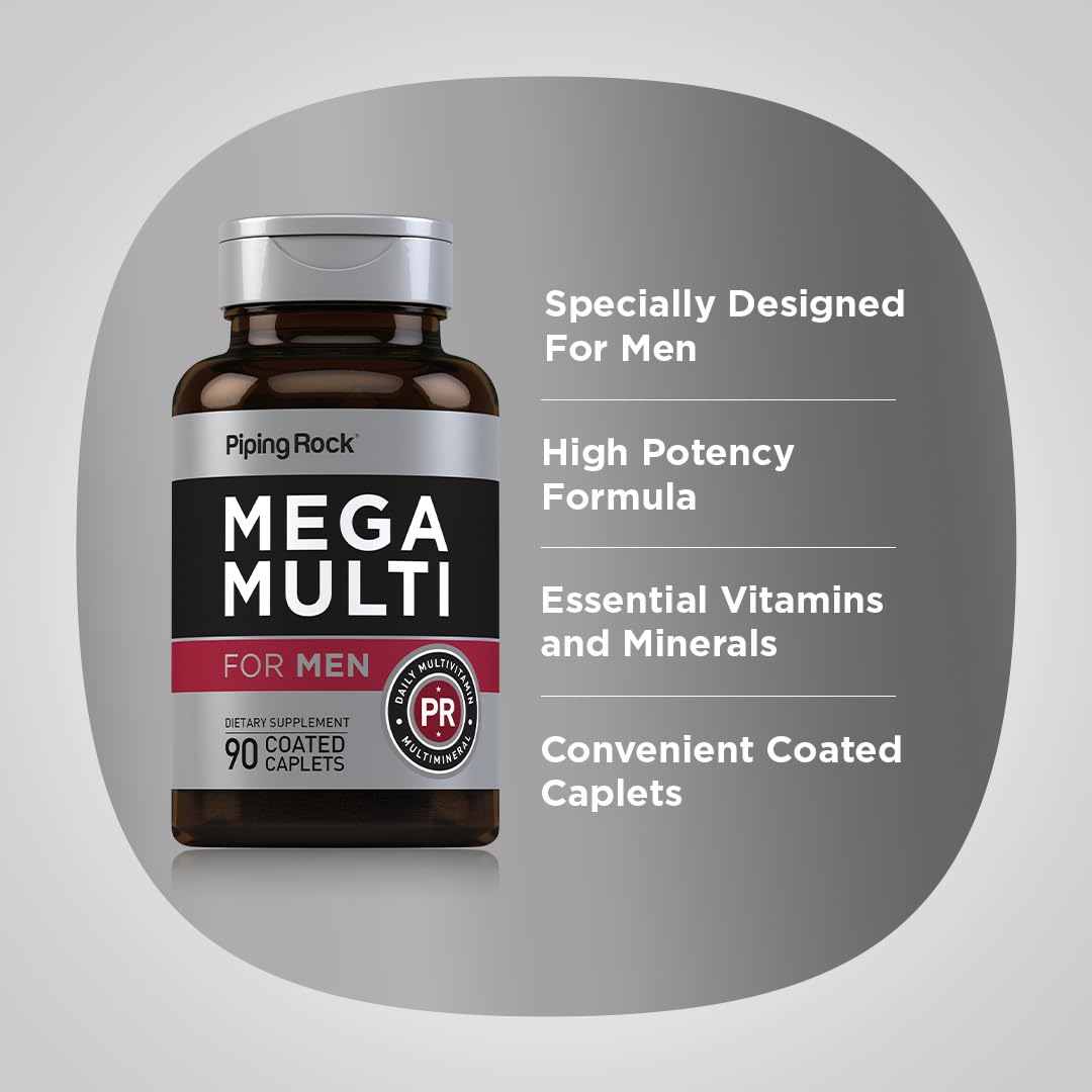 Piping Rock Men's Multivitamin | 90 Caplets | Mega Vitamin and Mineral Complex | Daily Support Supplement | with Vitamin C, D, Magnesium, Zinc | Non-GMO, Gluten Free - dailyvitalstore
