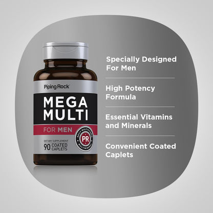 Piping Rock Men's Multivitamin | 90 Caplets | Mega Vitamin and Mineral Complex | Daily Support Supplement | with Vitamin C, D, Magnesium, Zinc | Non-GMO, Gluten Free - dailyvitalstore