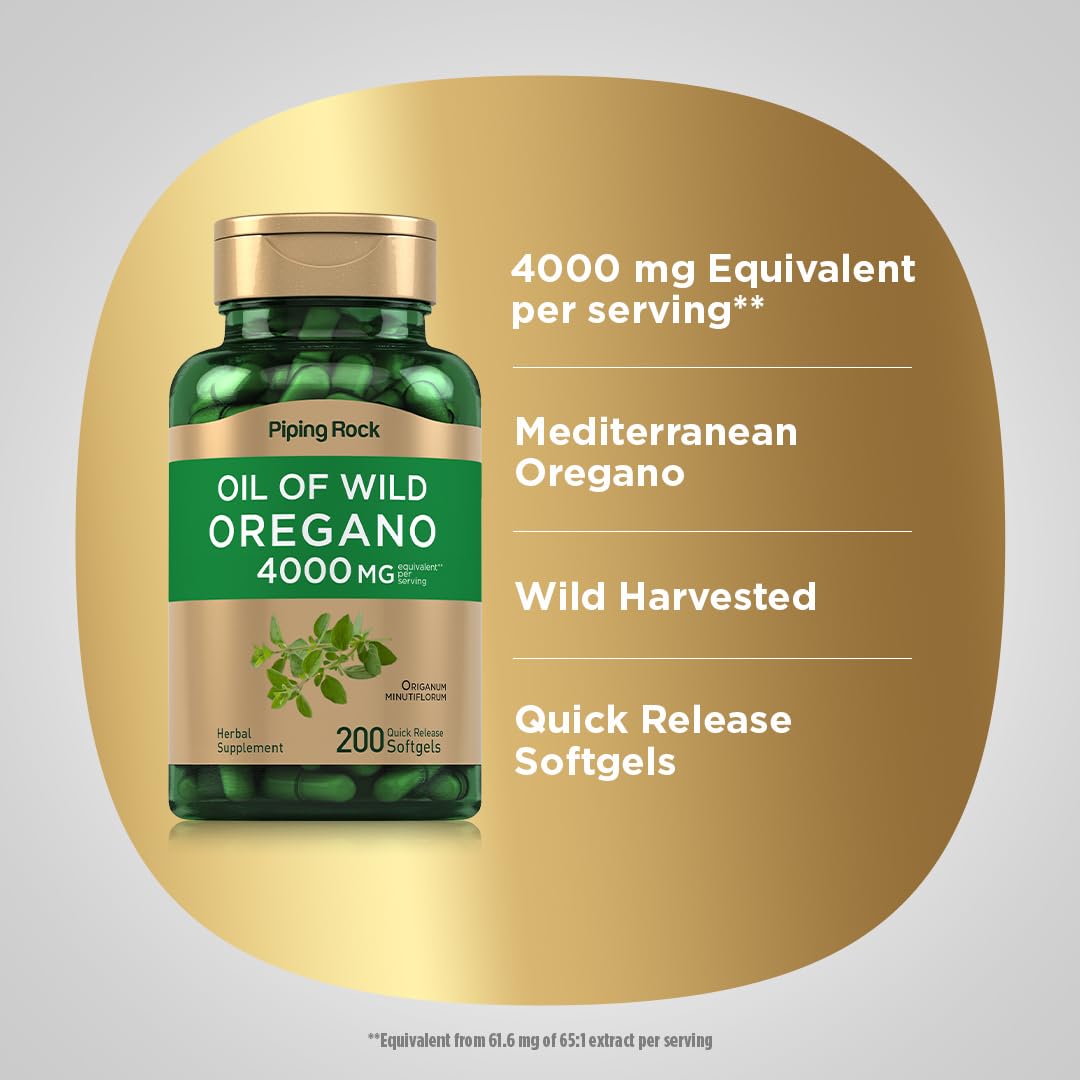 Piping Rock Oregano Oil Softgel Capsules | 200 Pills | Herbal Extract Supplement | Wild Harvested | Non-GMO, Gluten Free - dailyvitalstore