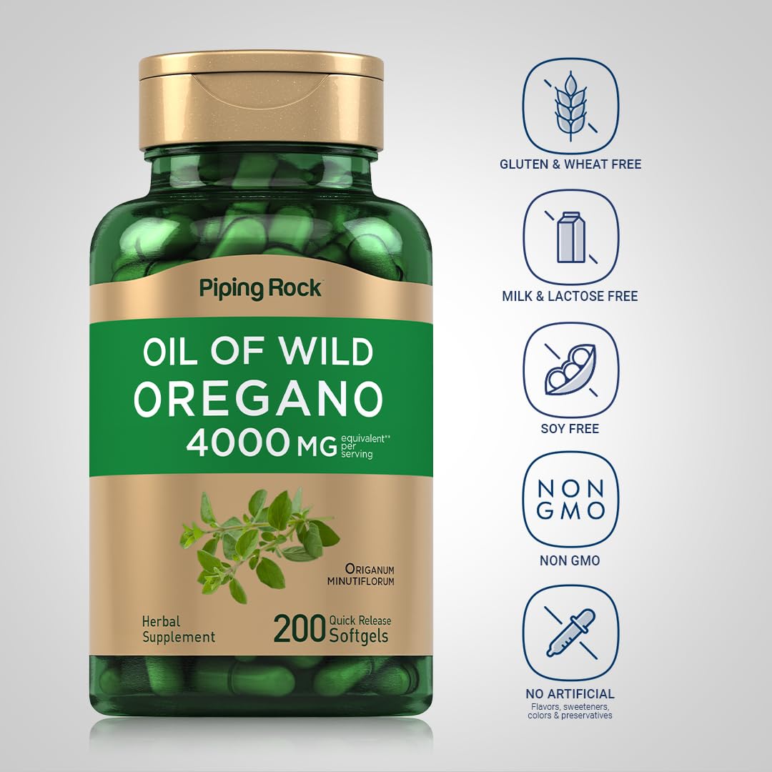 Piping Rock Oregano Oil Softgel Capsules | 200 Pills | Herbal Extract Supplement | Wild Harvested | Non-GMO, Gluten Free - dailyvitalstore