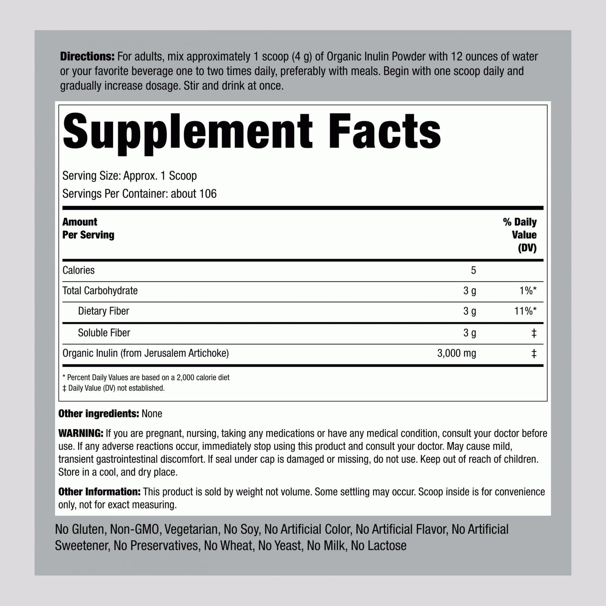 Piping Rock Organic Inulin Powder | 15 oz | Soluble Fiber Supplement | FOS Powder | Vegetarian, Non-GMO, Gluten Free - dailyvitalstore