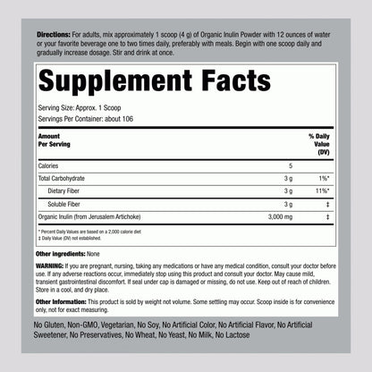 Piping Rock Organic Inulin Powder | 15 oz | Soluble Fiber Supplement | FOS Powder | Vegetarian, Non-GMO, Gluten Free - dailyvitalstore