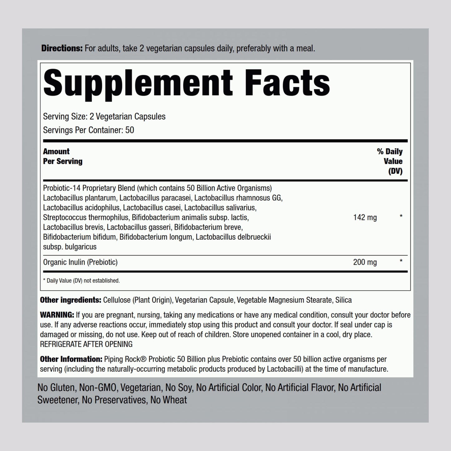 Piping Rock Probiotic and Prebiotic for Women and Men | 50 Billion CFU | 100 Capsules | Ultimate 14 Strain Supplement | Vegetarian, Non-GMO, Gluten Free - dailyvitalstore