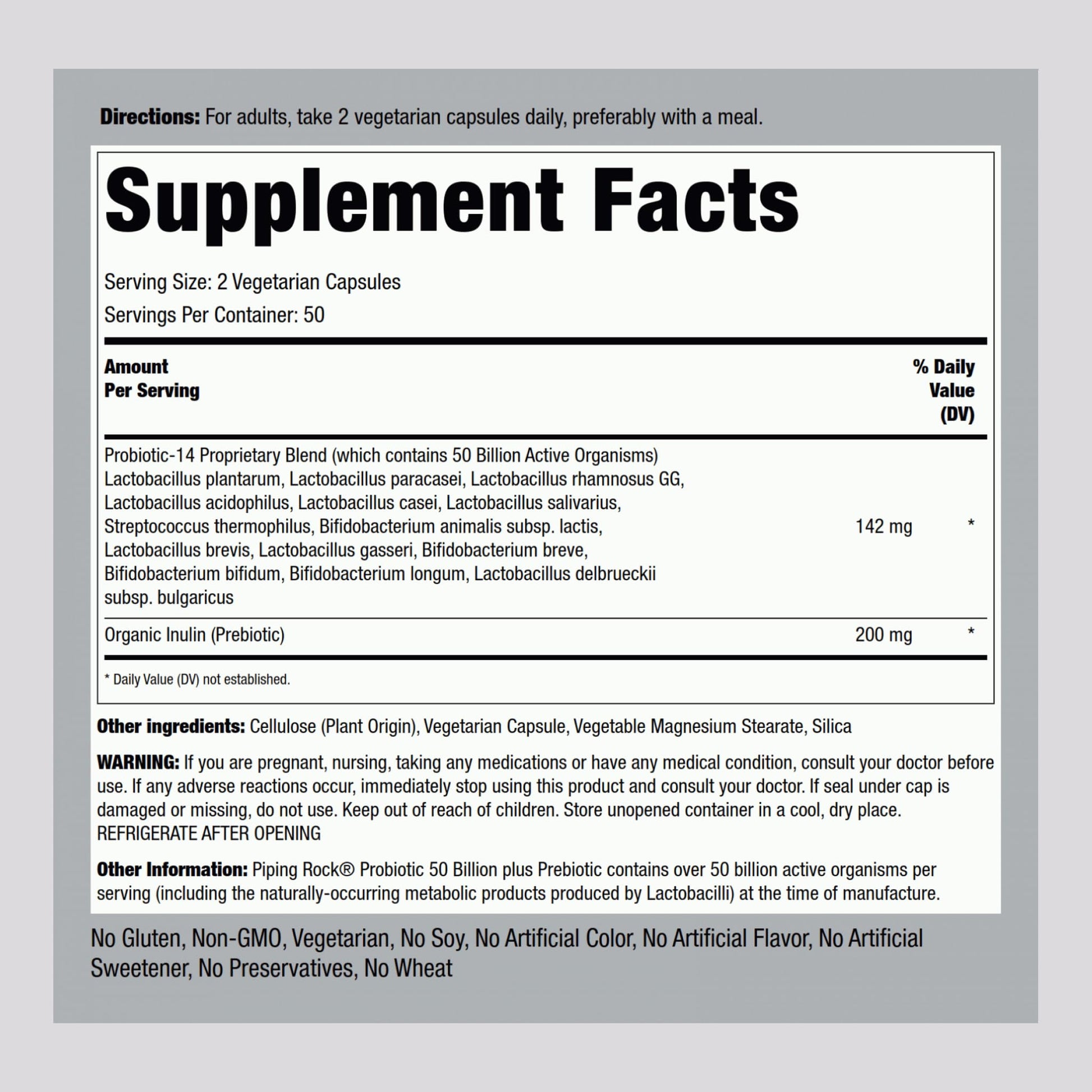 Piping Rock Probiotic and Prebiotic for Women and Men | 50 Billion CFU | 100 Capsules | Ultimate 14 Strain Supplement | Vegetarian, Non-GMO, Gluten Free - dailyvitalstore