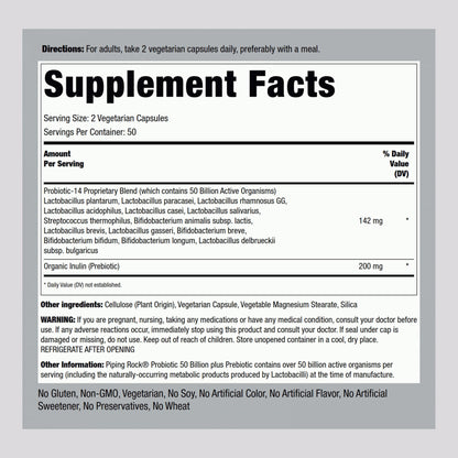 Piping Rock Probiotic and Prebiotic for Women and Men | 50 Billion CFU | 100 Capsules | Ultimate 14 Strain Supplement | Vegetarian, Non-GMO, Gluten Free - dailyvitalstore