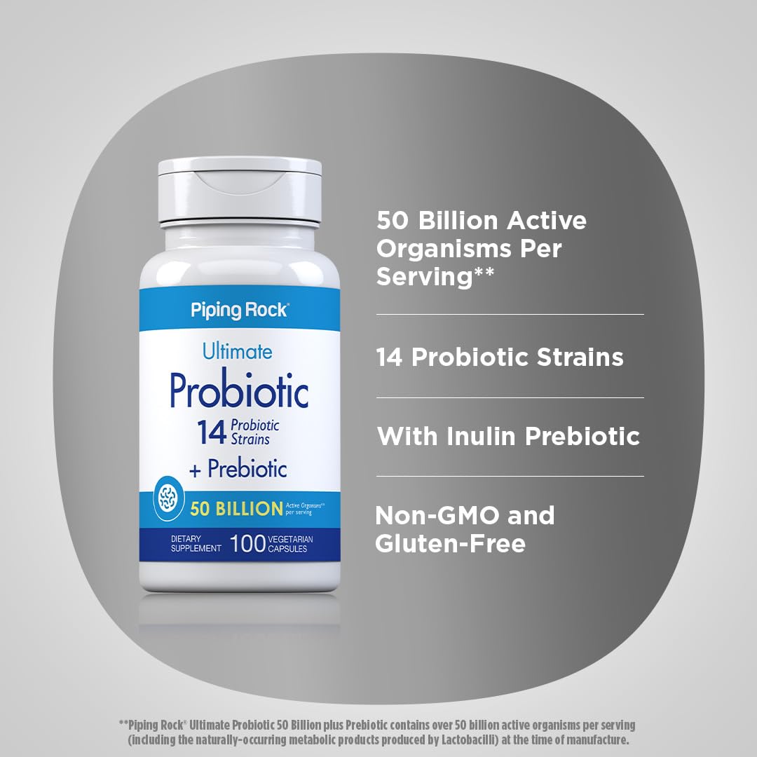Piping Rock Probiotic and Prebiotic for Women and Men | 50 Billion CFU | 100 Capsules | Ultimate 14 Strain Supplement | Vegetarian, Non-GMO, Gluten Free - dailyvitalstore