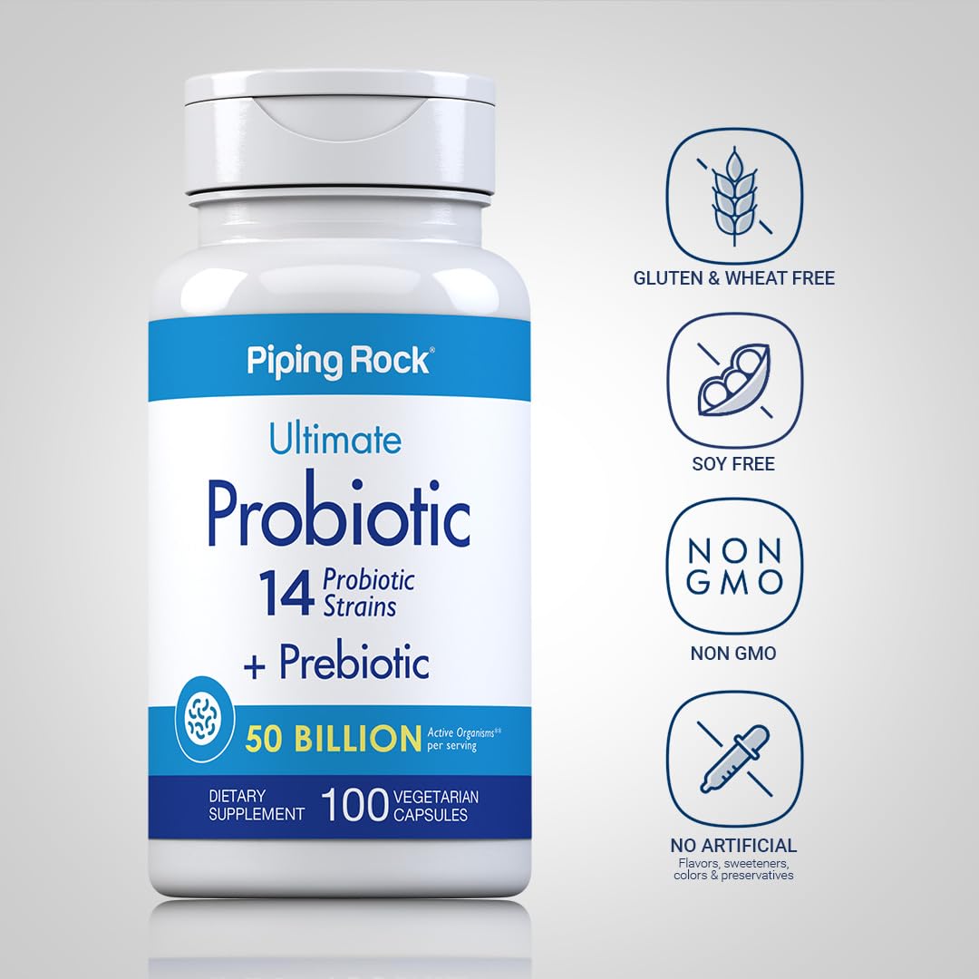 Piping Rock Probiotic and Prebiotic for Women and Men | 50 Billion CFU | 100 Capsules | Ultimate 14 Strain Supplement | Vegetarian, Non-GMO, Gluten Free - dailyvitalstore