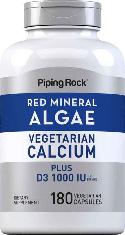 Piping Rock Red Mineral Algae | Vegetarian Calcium | 180 Capsules | Plant Based Plus Trace Minerals | Plus D3 1000 IU | Non-GMO, Gluten Free Supplement - dailyvitalstore