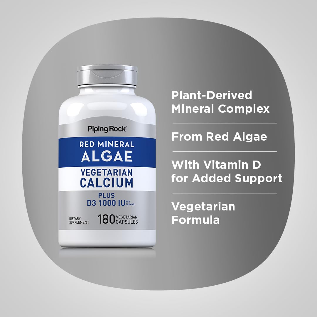 Piping Rock Red Mineral Algae | Vegetarian Calcium | 180 Capsules | Plant Based Plus Trace Minerals | Plus D3 1000 IU | Non-GMO, Gluten Free Supplement - dailyvitalstore