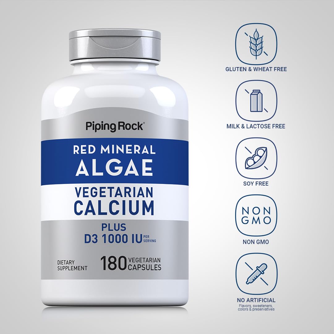 Piping Rock Red Mineral Algae | Vegetarian Calcium | 180 Capsules | Plant Based Plus Trace Minerals | Plus D3 1000 IU | Non-GMO, Gluten Free Supplement - dailyvitalstore