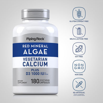 Piping Rock Red Mineral Algae | Vegetarian Calcium | 180 Capsules | Plant Based Plus Trace Minerals | Plus D3 1000 IU | Non-GMO, Gluten Free Supplement - dailyvitalstore