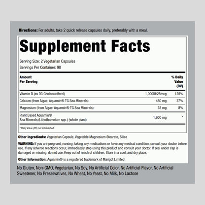 Piping Rock Red Mineral Algae | Vegetarian Calcium | 180 Capsules | Plant Based Plus Trace Minerals | Plus D3 1000 IU | Non-GMO, Gluten Free Supplement - dailyvitalstore