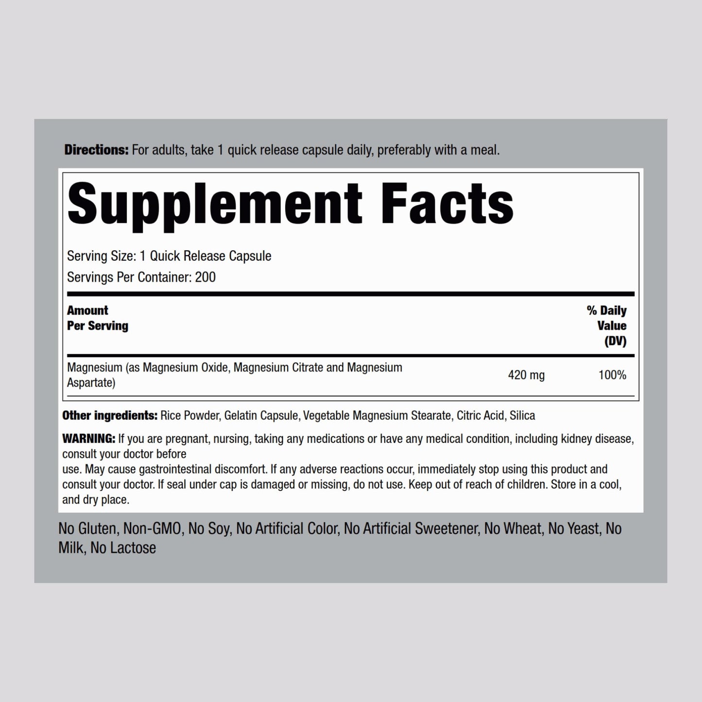 Piping Rock Triple Magnesium Complex | 420 mg | 200 Capsules | Magnesium Oxide, Citrate, and Aspartate Supplement | Non-GMO, Gluten Free - dailyvitalstore