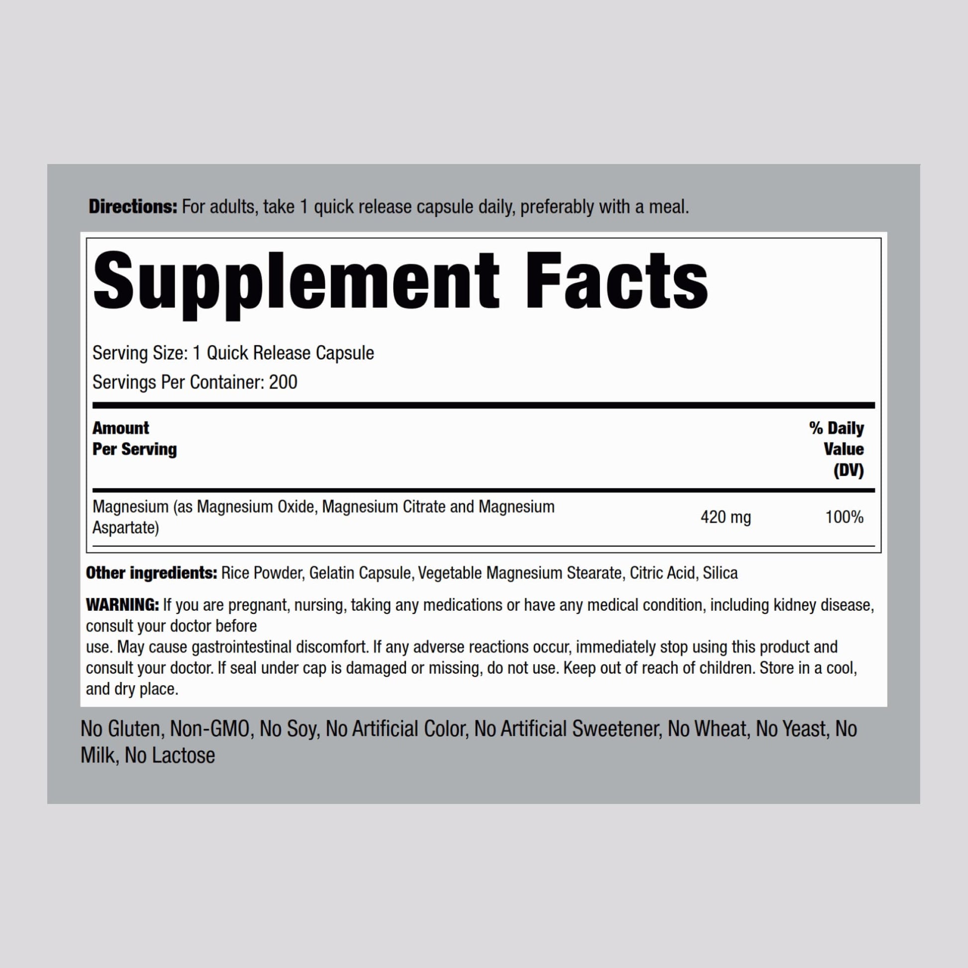 Piping Rock Triple Magnesium Complex | 420 mg | 200 Capsules | Magnesium Oxide, Citrate, and Aspartate Supplement | Non-GMO, Gluten Free - dailyvitalstore
