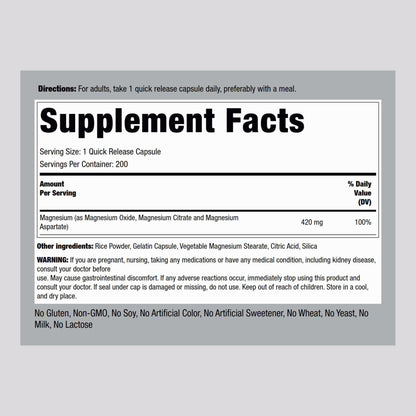 Piping Rock Triple Magnesium Complex | 420 mg | 200 Capsules | Magnesium Oxide, Citrate, and Aspartate Supplement | Non-GMO, Gluten Free - dailyvitalstore