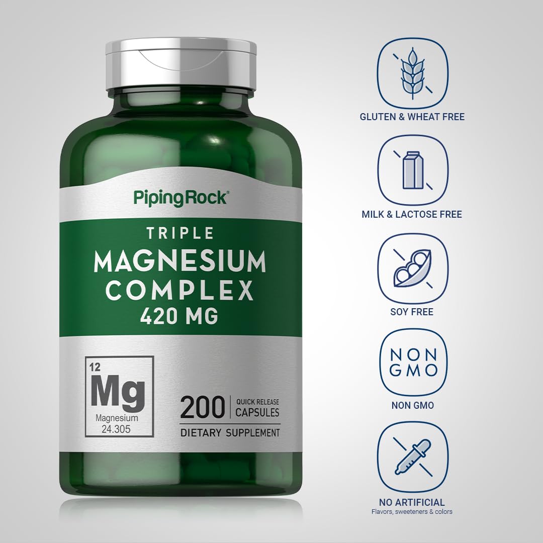 Piping Rock Triple Magnesium Complex | 420 mg | 200 Capsules | Magnesium Oxide, Citrate, and Aspartate Supplement | Non-GMO, Gluten Free - dailyvitalstore