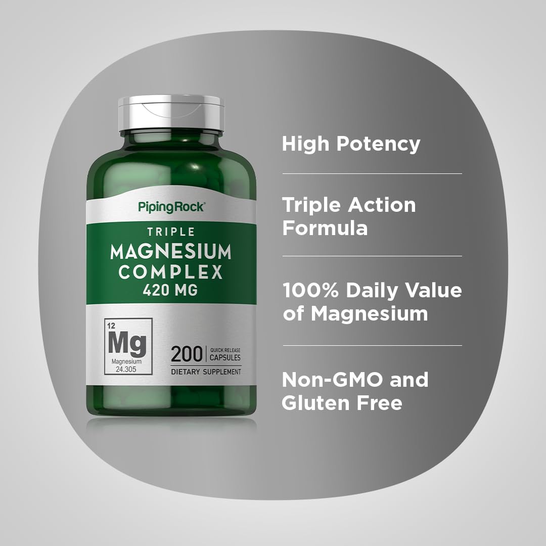 Piping Rock Triple Magnesium Complex | 420 mg | 200 Capsules | Magnesium Oxide, Citrate, and Aspartate Supplement | Non-GMO, Gluten Free - dailyvitalstore