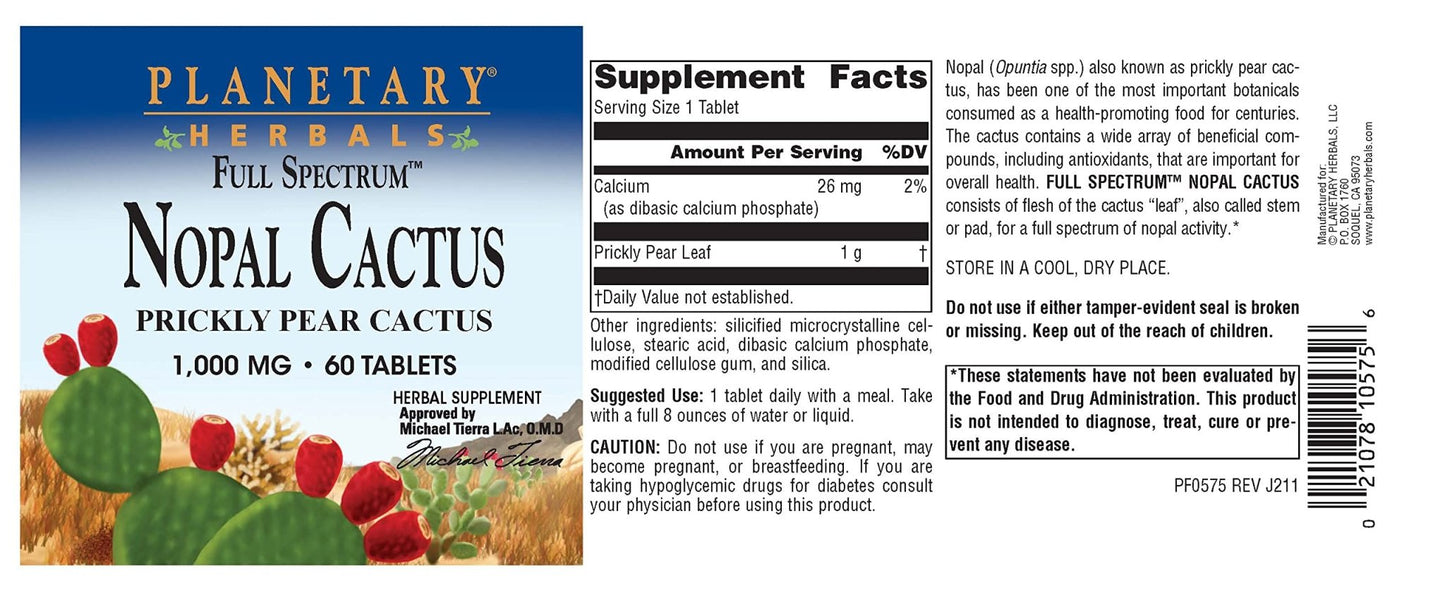 Planetary Herbals Full Spectrum Nopal Cactus 1000mg Prickly Pear Cactus Antioxidant - 100% Natural - 60 Tablets - dailyvitalstore