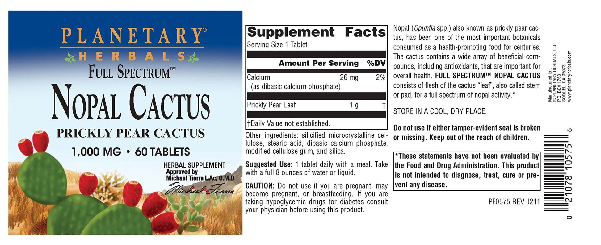 Planetary Herbals Full Spectrum Nopal Cactus 1000mg Prickly Pear Cactus Antioxidant - 100% Natural - 60 Tablets - dailyvitalstore