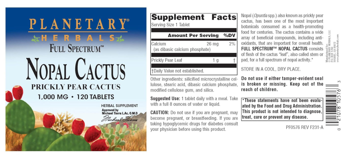 Planetary Herbals Full Spectrum Nopal Cactus, Prickly Pear Cactus, 1000 mg, with Prickley Pear Leaf - 120 Tablets - dailyvitalstore