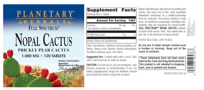 Planetary Herbals Full Spectrum Nopal Cactus, Prickly Pear Cactus, 1000 mg, with Prickley Pear Leaf - 120 Tablets - dailyvitalstore