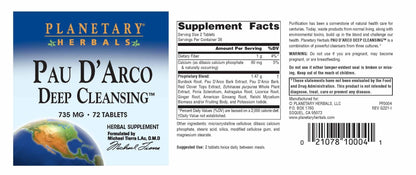 Planetary Herbals PAU D'Arco Deep Cleansing, Herbal Supplement, 735 mg - 72 Tablets - dailyvitalstore