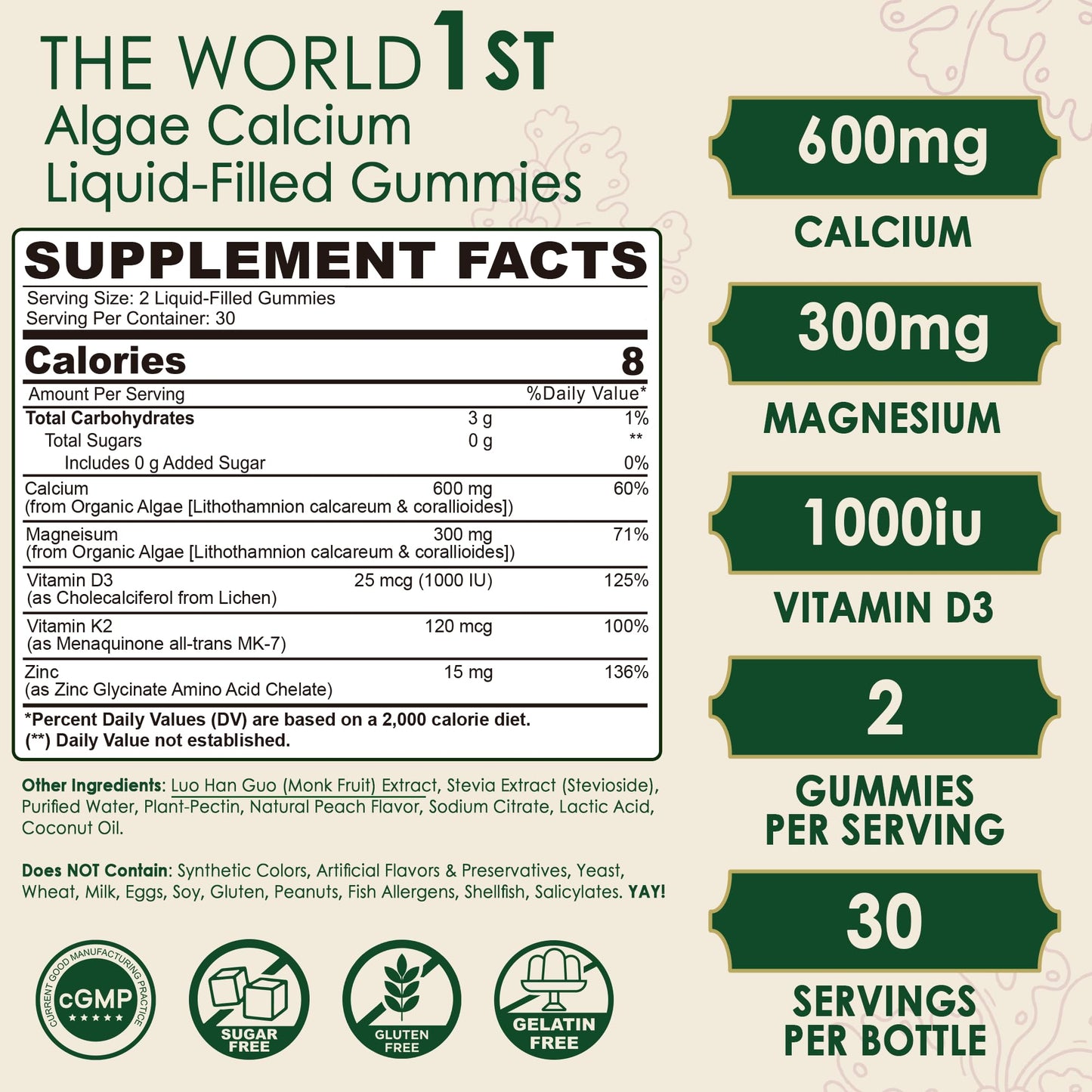 Plant Based Calcium Gummies 600mg with Vitamin D3 K2, Magnesium, Zinc for Bone Strength, Sugar Free Calcium Supplements for Women & Men (Certified Vegan) - dailyvitalstore