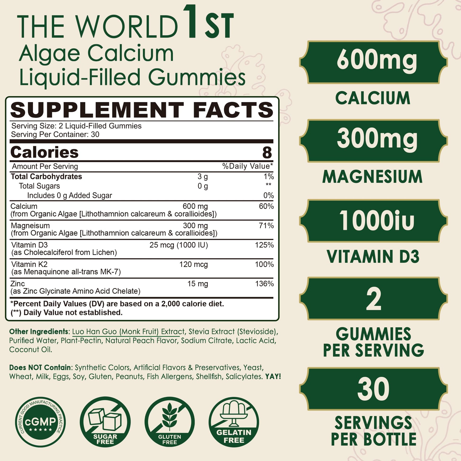 Plant Based Calcium Gummies 600mg with Vitamin D3 K2, Magnesium, Zinc for Bone Strength, Sugar Free Calcium Supplements for Women & Men (Certified Vegan) - dailyvitalstore