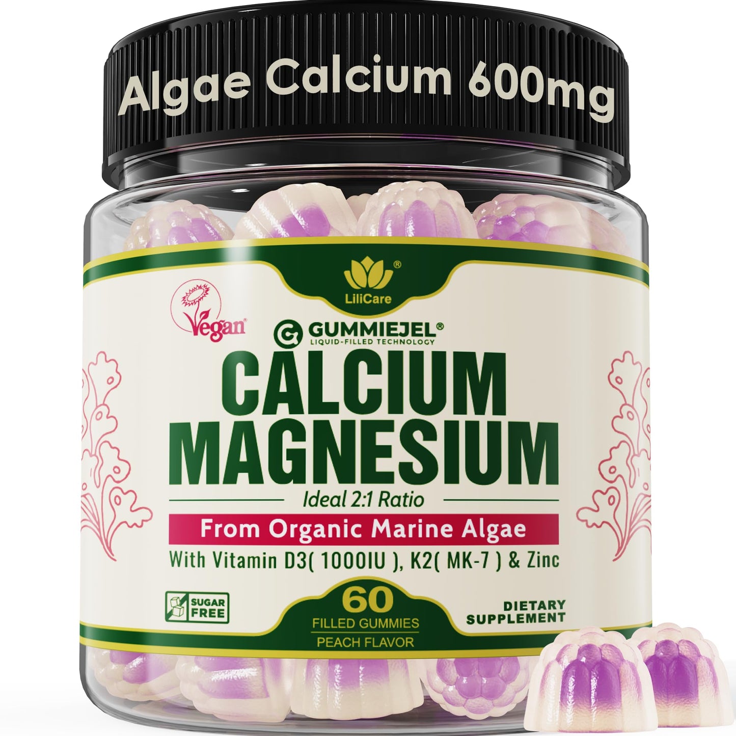 Plant Based Calcium Gummies 600mg with Vitamin D3 K2, Magnesium, Zinc for Bone Strength, Sugar Free Calcium Supplements for Women & Men (Certified Vegan) - dailyvitalstore