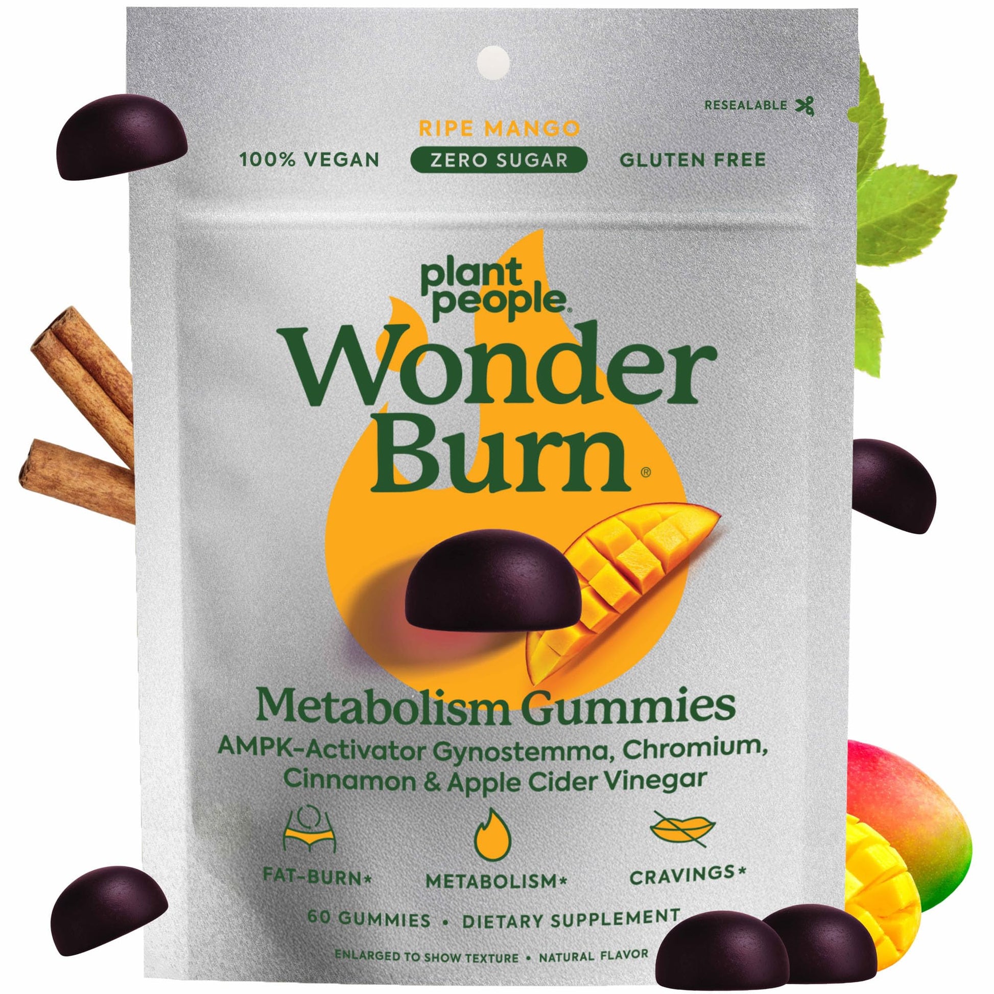 Plant People WonderBurn Metabolism & Cravings Control Gummies, Zero Sugar, Ripe Mango Flavor (60 Count) - dailyvitalstore