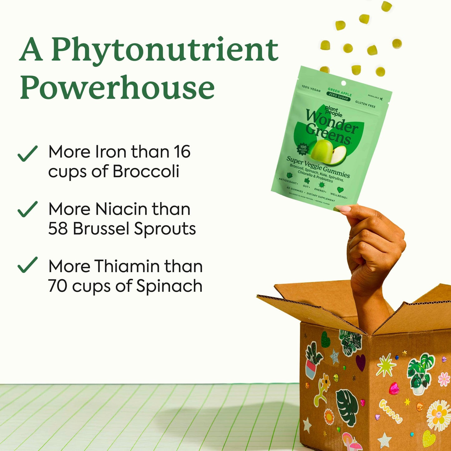 Plant People WonderGreens Veggie Gummies Super Greens with Probiotics Multivitamin Support Gummy for Wellbeing, Energy, Immune and Gut Health, Green Apple Flavor (60 Count) - dailyvitalstore
