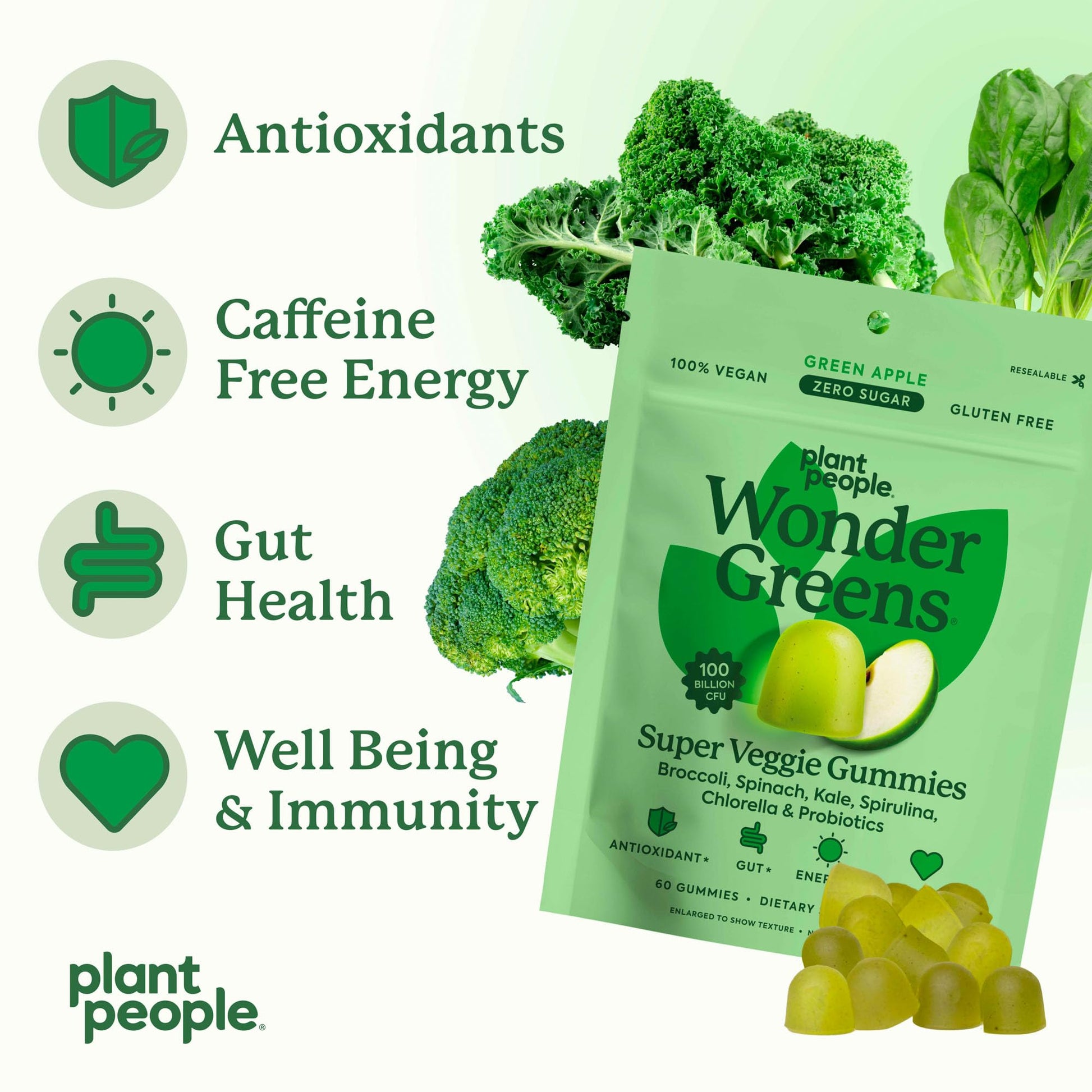 Plant People WonderGreens Veggie Gummies Super Greens with Probiotics Multivitamin Support Gummy for Wellbeing, Energy, Immune and Gut Health, Green Apple Flavor (60 Count) - dailyvitalstore