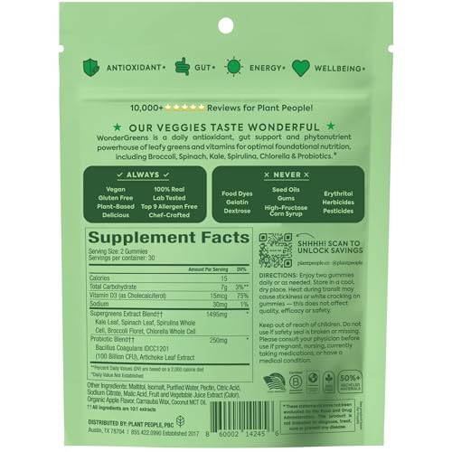 Plant People WonderGreens Veggie Gummies Super Greens with Probiotics Multivitamin Support Gummy for Wellbeing, Energy, Immune and Gut Health, Green Apple Flavor (60 Count) - dailyvitalstore