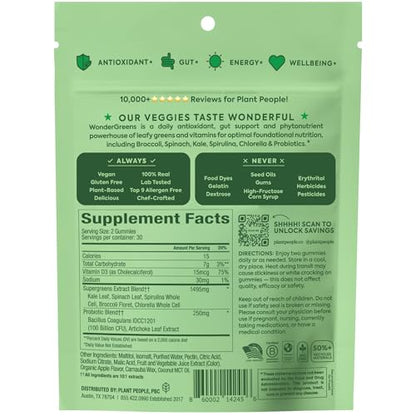 Plant People WonderGreens Veggie Gummies Super Greens with Probiotics Multivitamin Support Gummy for Wellbeing, Energy, Immune and Gut Health, Green Apple Flavor (60 Count) - dailyvitalstore