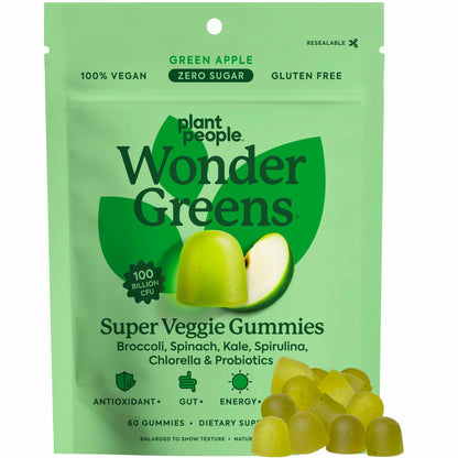 Plant People WonderGreens Veggie Gummies Super Greens with Probiotics Multivitamin Support Gummy for Wellbeing, Energy, Immune and Gut Health, Green Apple Flavor (60 Count) - dailyvitalstore