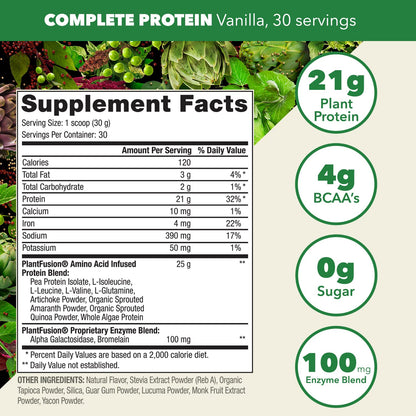 PlantFusion Complete Vegan Protein Powder - Plant Based Protein Powder With BCAAs, Digestive Enzymes and Pea Protein - Keto, Gluten Free, Soy Free, Non-Dairy, No Sugar, Non-GMO - Vanilla Bean 2 lb - dailyvitalstore