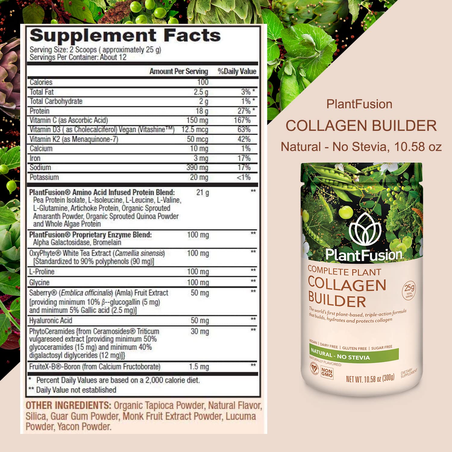 PlantFusion Vegan Collagen Powder - Plant Based Collagen Protein Powder For Muscle & Joints, Hair, Skin & Nails - Keto, Gluten Free, Soy Free, Non-Dairy, No Sugar, Non-GMO - Unflavored 10.58 oz - dailyvitalstore