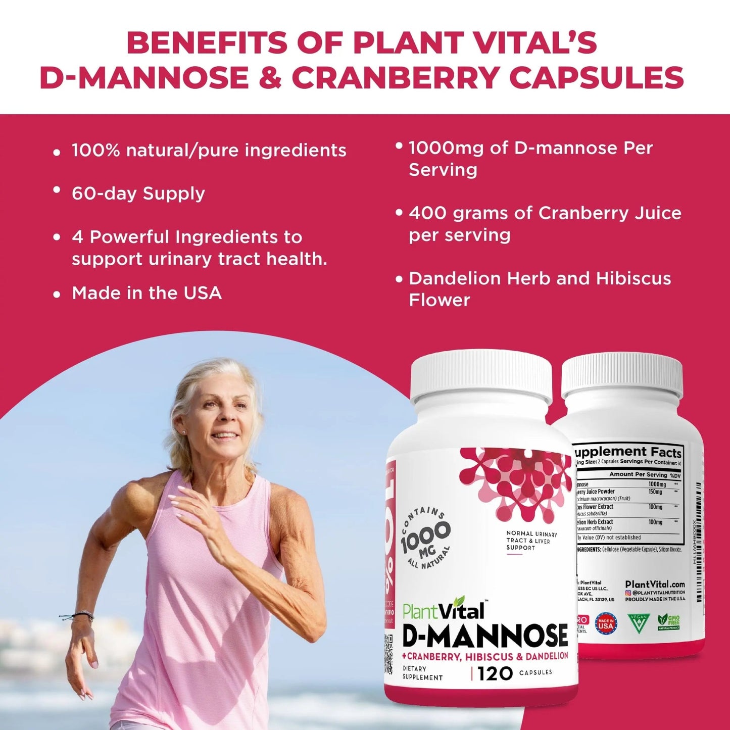 Plantvital D Mannose Capsules with Cranberry - D-mannose 1000mg Capsules - High Potency for Bladder, Kidney and Urinary Tract Support. Cranberry Powder with Hibiscus and Dandelion. 2 Months Supply - dailyvitalstore