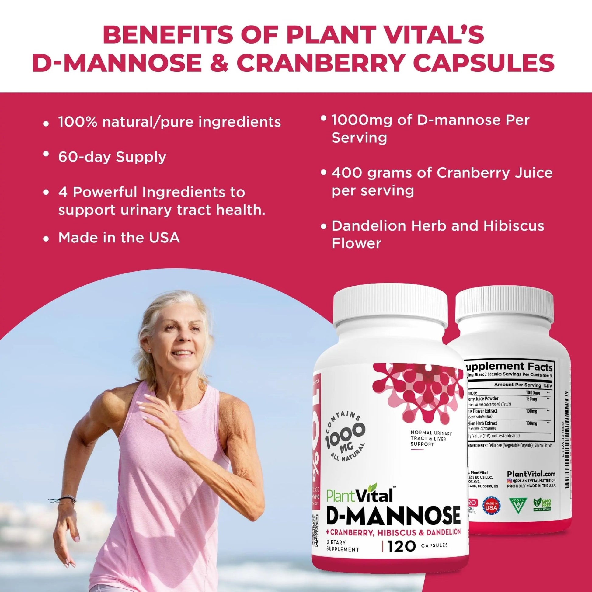 Plantvital D Mannose Capsules with Cranberry - D-mannose 1000mg Capsules - High Potency for Bladder, Kidney and Urinary Tract Support. Cranberry Powder with Hibiscus and Dandelion. 2 Months Supply - dailyvitalstore