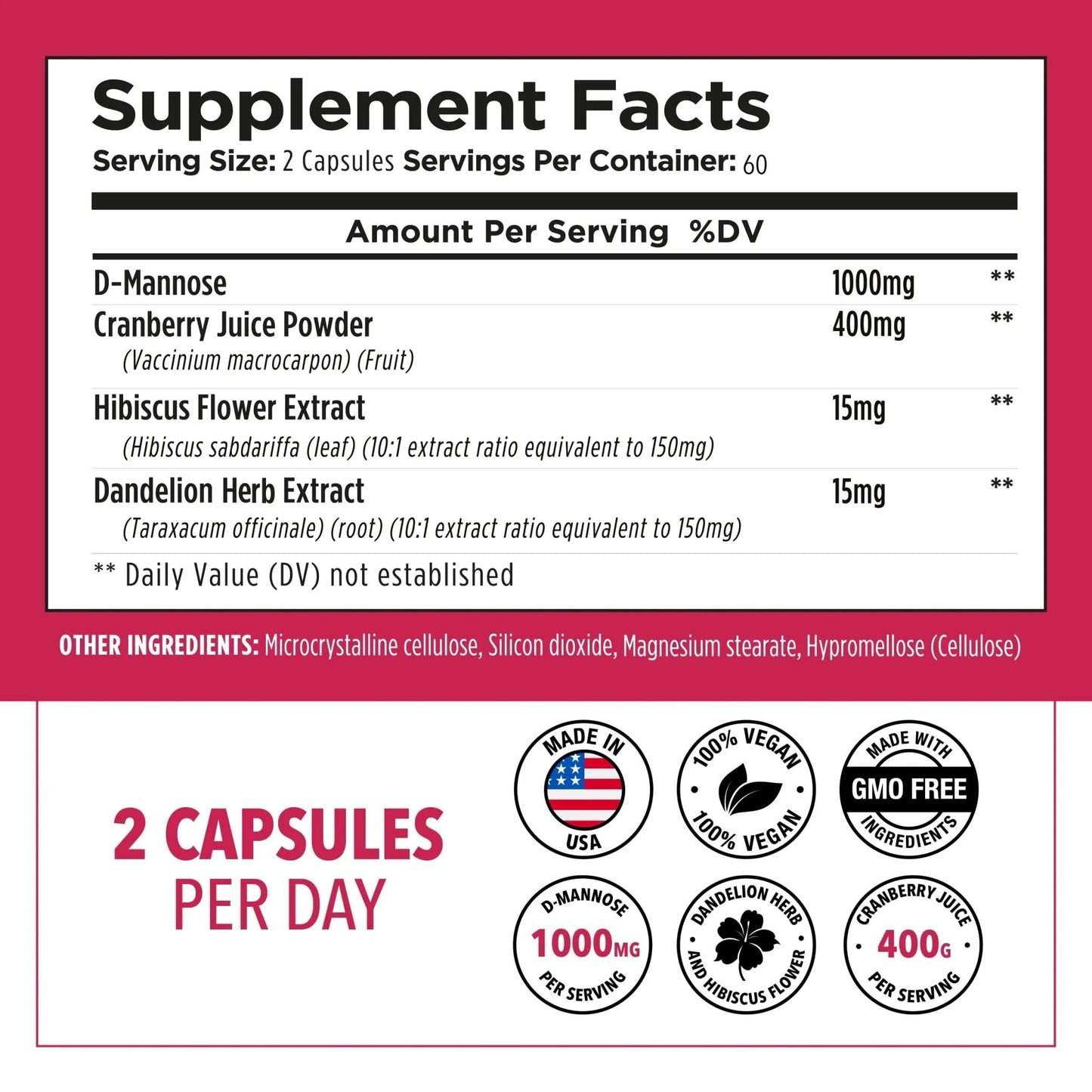 Plantvital D Mannose Capsules with Cranberry - D-mannose 1000mg Capsules - High Potency for Bladder, Kidney and Urinary Tract Support. Cranberry Powder with Hibiscus and Dandelion. 2 Months Supply - dailyvitalstore