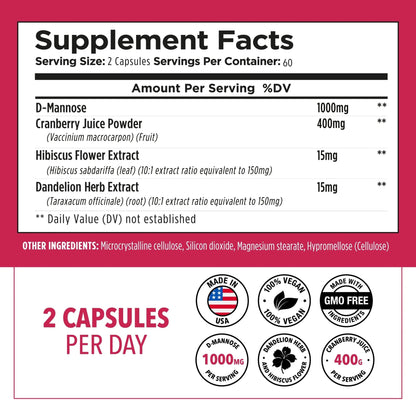 Plantvital D Mannose Capsules with Cranberry - D-mannose 1000mg Capsules - High Potency for Bladder, Kidney and Urinary Tract Support. Cranberry Powder with Hibiscus and Dandelion. 2 Months Supply - dailyvitalstore