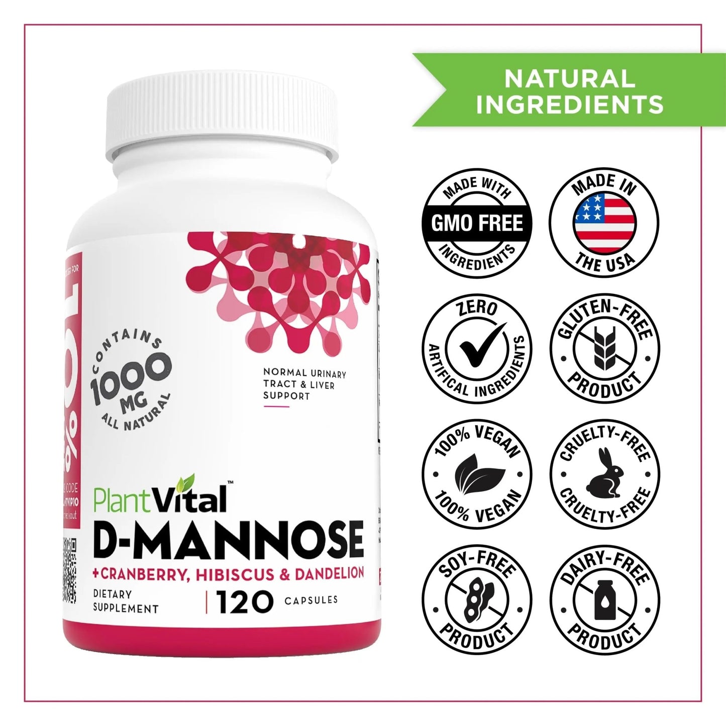 Plantvital D Mannose Capsules with Cranberry - D-mannose 1000mg Capsules - High Potency for Bladder, Kidney and Urinary Tract Support. Cranberry Powder with Hibiscus and Dandelion. 2 Months Supply - dailyvitalstore