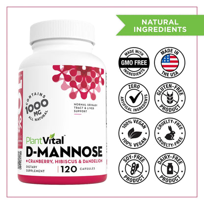 Plantvital D Mannose Capsules with Cranberry - D-mannose 1000mg Capsules - High Potency for Bladder, Kidney and Urinary Tract Support. Cranberry Powder with Hibiscus and Dandelion. 2 Months Supply - dailyvitalstore