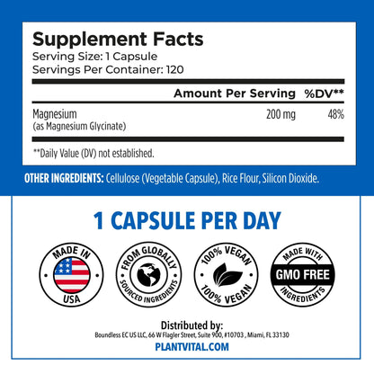PlantVital Magnesium Glycinate 200mg - Supports Restful Sleep, Muscle & Nerve Function, Normal Heart & Bone Health - Feel Calm & Relax - Vegan, Third Party Tested, Gluten Free, Non-GMO - 120 Capsules - dailyvitalstore