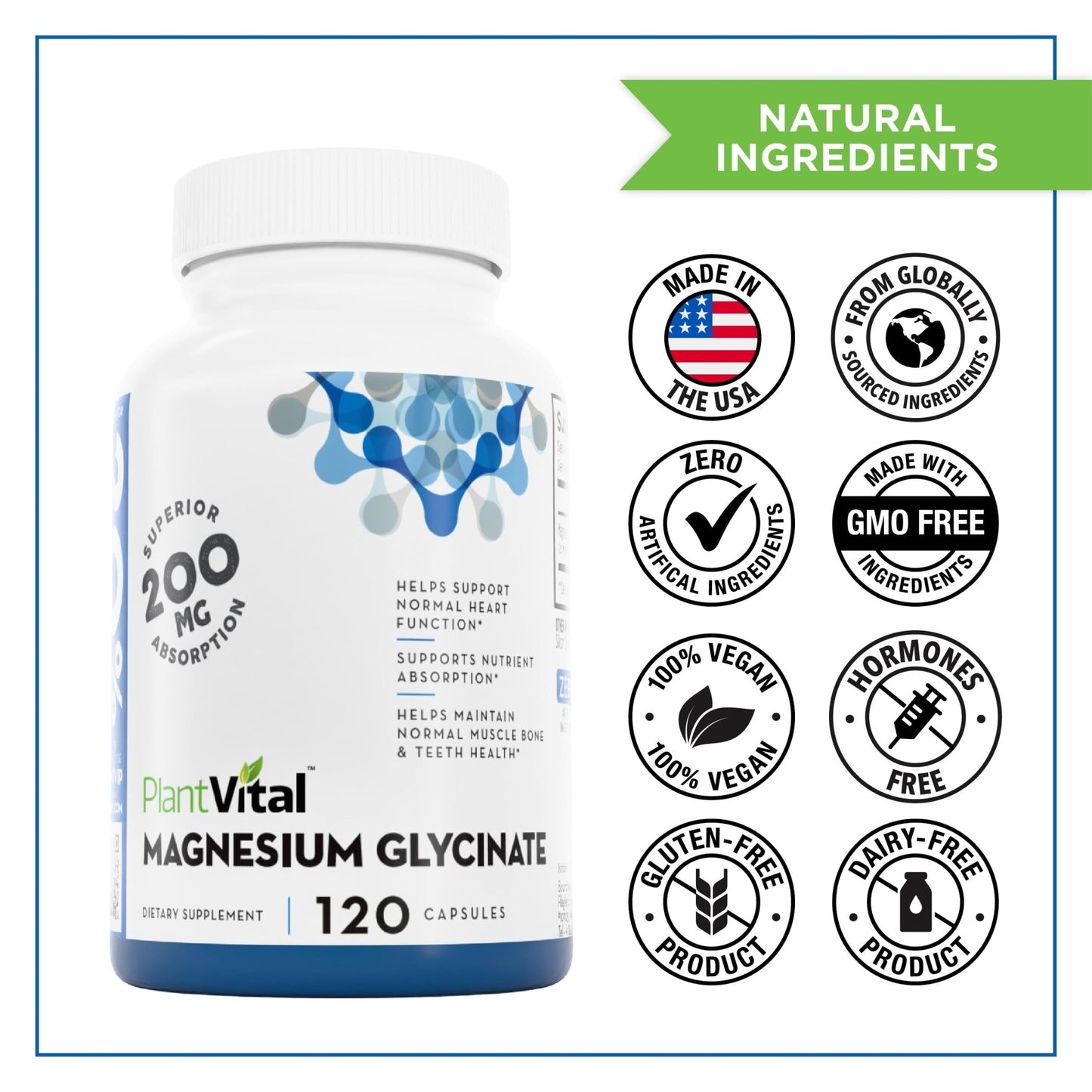 PlantVital Magnesium Glycinate 200mg - Supports Restful Sleep, Muscle & Nerve Function, Normal Heart & Bone Health - Feel Calm & Relax - Vegan, Third Party Tested, Gluten Free, Non-GMO - 120 Capsules - dailyvitalstore