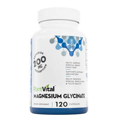 PlantVital Magnesium Glycinate 200mg - Supports Restful Sleep, Muscle & Nerve Function, Normal Heart & Bone Health - Feel Calm & Relax - Vegan, Third Party Tested, Gluten Free, Non-GMO - 120 Capsules - dailyvitalstore