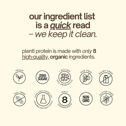 plenti Organic Plant-Based Protein Powder: Vanilla - 20g Pea Protein + Probiotics, Digestive Enzymes & Omega 3-6, Gut Friendly, Sugar Free, 27 Servings (2 lbs) - dailyvitalstore
